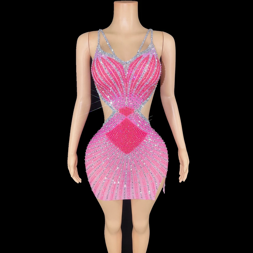 

Women Rhinestones Pink Strap Sleeveless Summer Sexy Backless Evening Celebriate Birthday Dress Nightclub Outfit Show Stage Wear