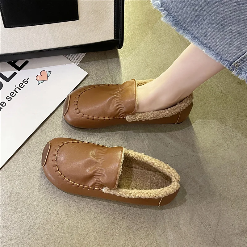 

Casual Woman Shoe Soft Round Toe Shallow Mouth Slip-on Female Footwear New Slip On Dress Moccasin Winter Retro Lace-Up Solid Fla