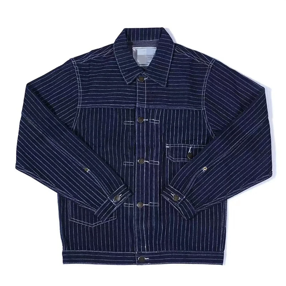 

Denim Jacket for Men Blue Railroad Locomotive Vertical Stripes Khaki Canvas Coat Vintage Amekaji Tooling Biker Unisex Clothes