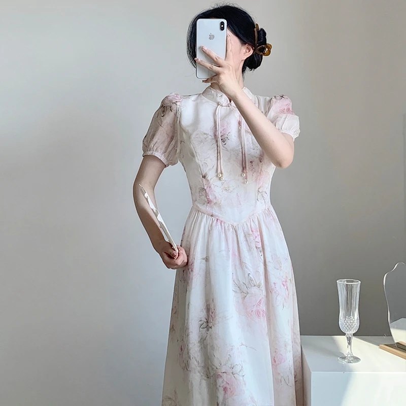 Женское винтажное платье с коротким рукавом и цветочным принтом