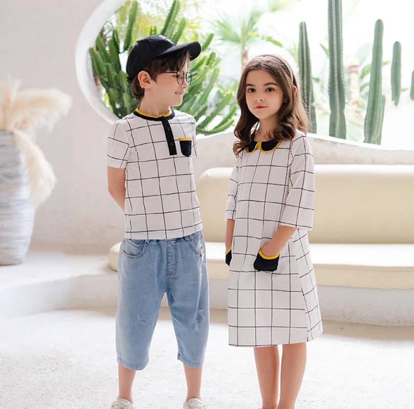 

2022 New Boys Tops Girls Kid Baby Dress Plaid Teen Spring Summer Dress Children Cotton Clothes Brother and Sister 2 To 14Y,#7000