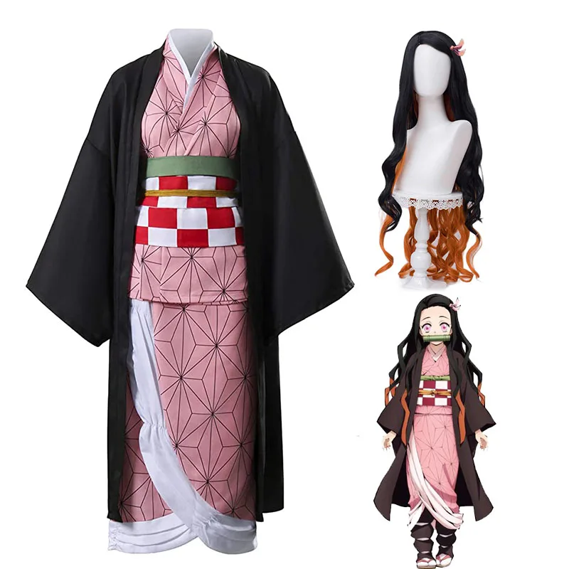 

Anime Demon Slayer Kimetsu No Yaiba Cosplay Costumes Kimono Kamado Nezuko Adult Child Halloween Costume Wig