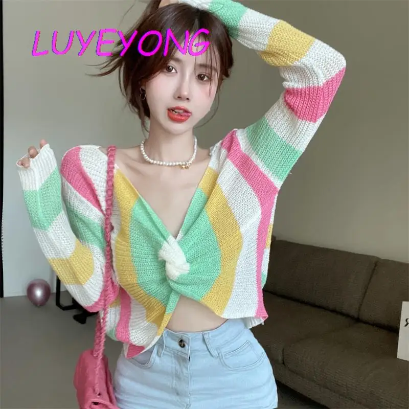 

Korean Fashion Knit Crop Top Y2k Girl Criss-cross Deep V Neck Pullover Sweaters Female Rainbow Striped Short Knitted Sweater