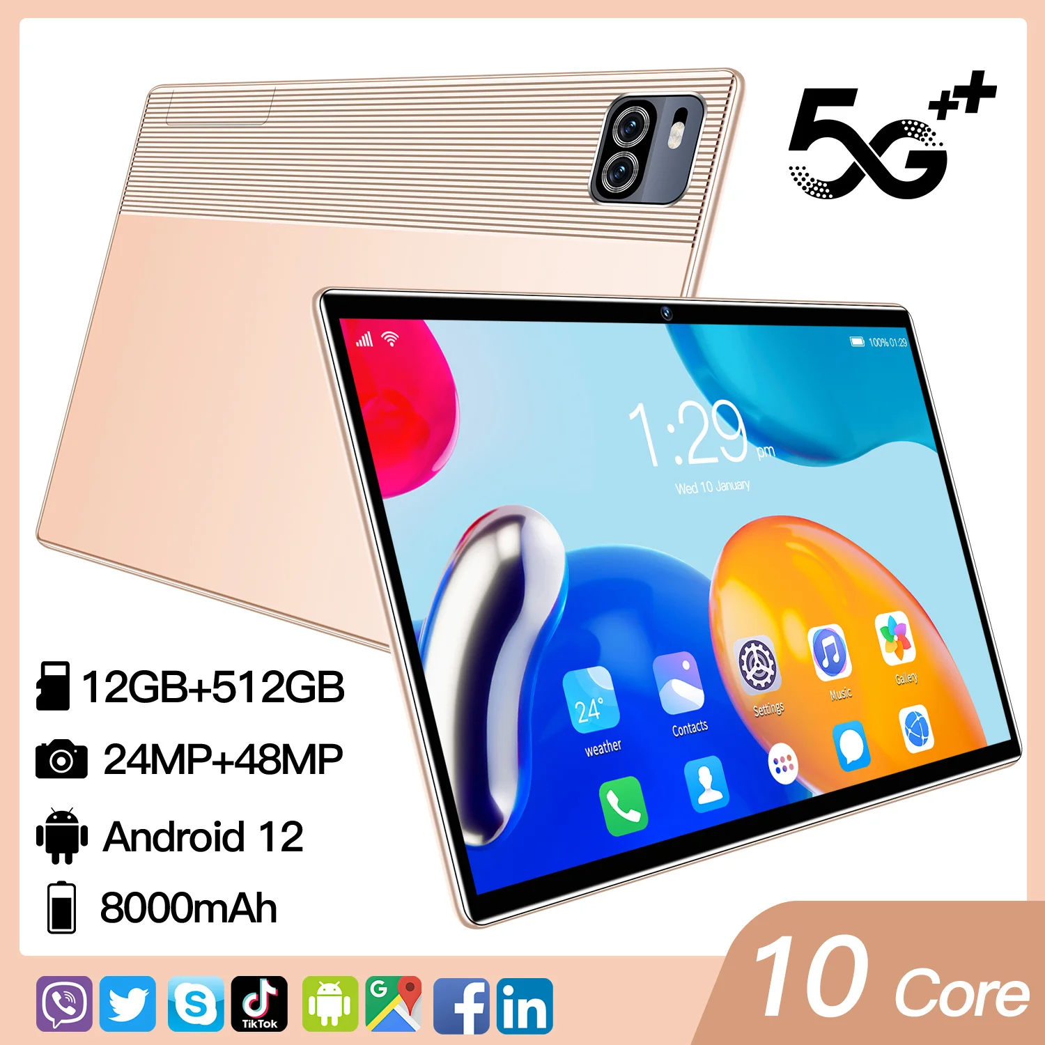 

10,1-дюймовый планшет Android 12, 12 Гб + 10,1 ГБ, Wi-Fi