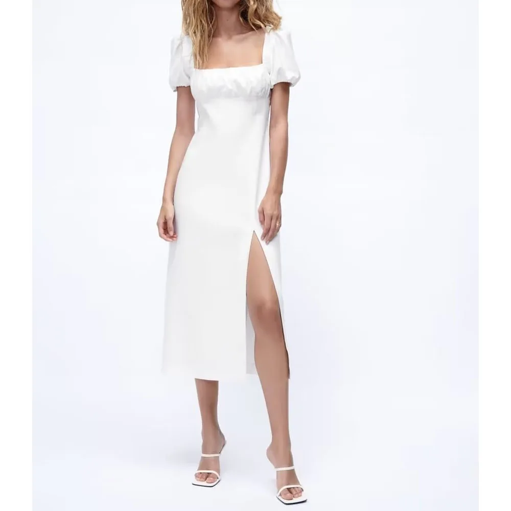 

2022 women's summer new linen dress white square collar puffy short sleeve temperament high waist open back slit skirt