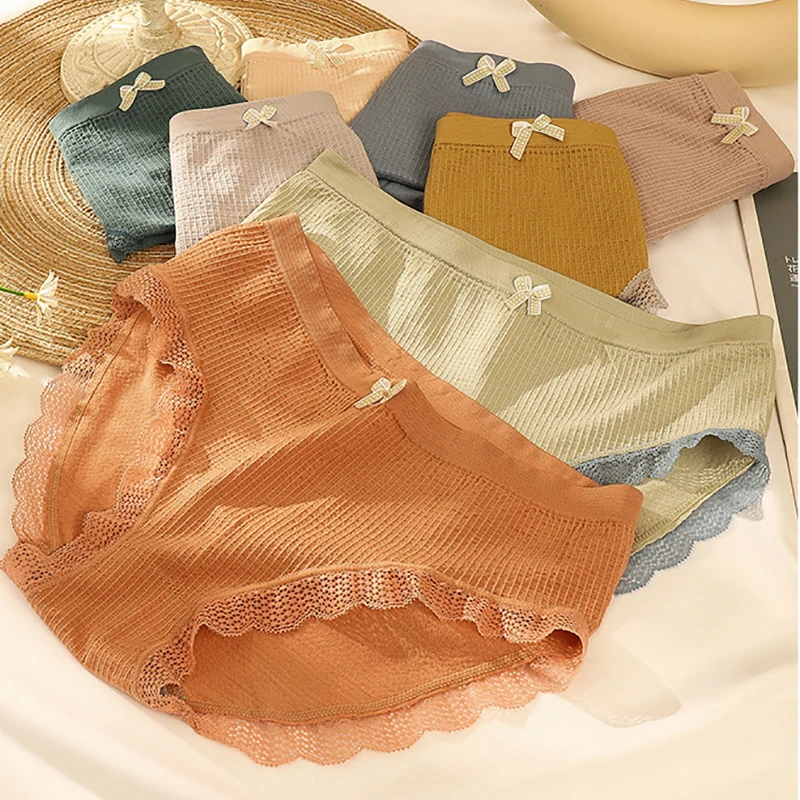 

Lace Seamless Underwear Women Panties Bow Solid Color Mid-Rise Briefs Sexy Breathable Comfortable Underpants