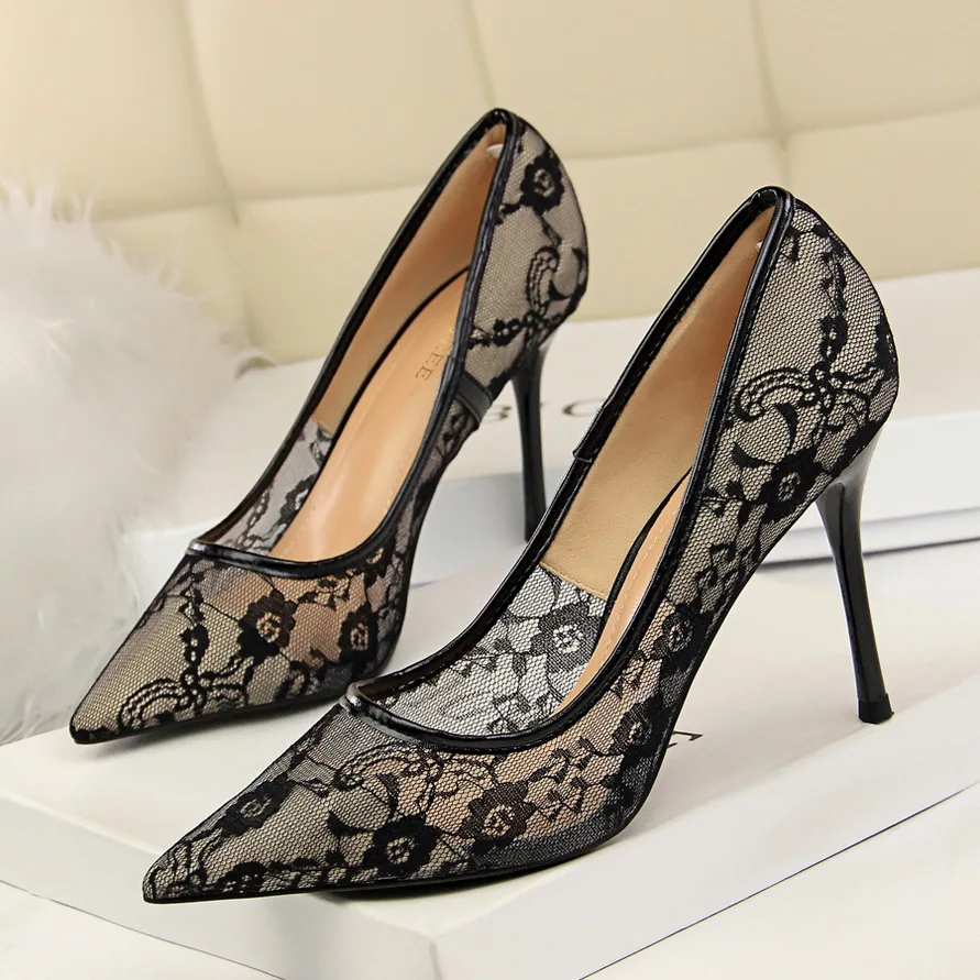 BIGTREE Shoes Woman Pumps Flower Embroidery Lace High Heels Sexy Party Shoes Stiletto Fashion Women Heels Mesh Women Shoes