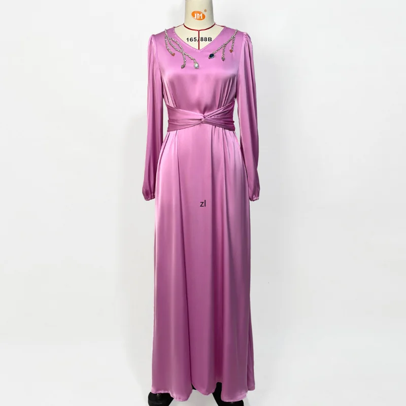 Women Moroccan Kaftan Solid Purple Pink V-neck Long Sleeve Rhinestone Belt Abayas For Women Dubai 2022 Latest
