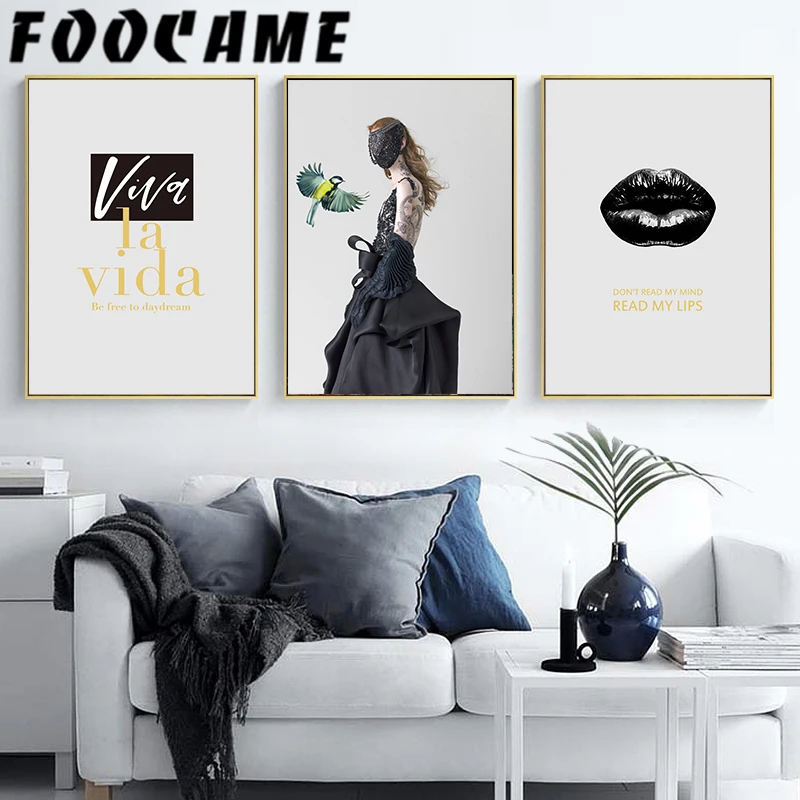 

Woman Lips Fashion Canvas Print Black and White Wall Art Abstract Modern Painting Poster Living Room Decor Girl Pictures Home