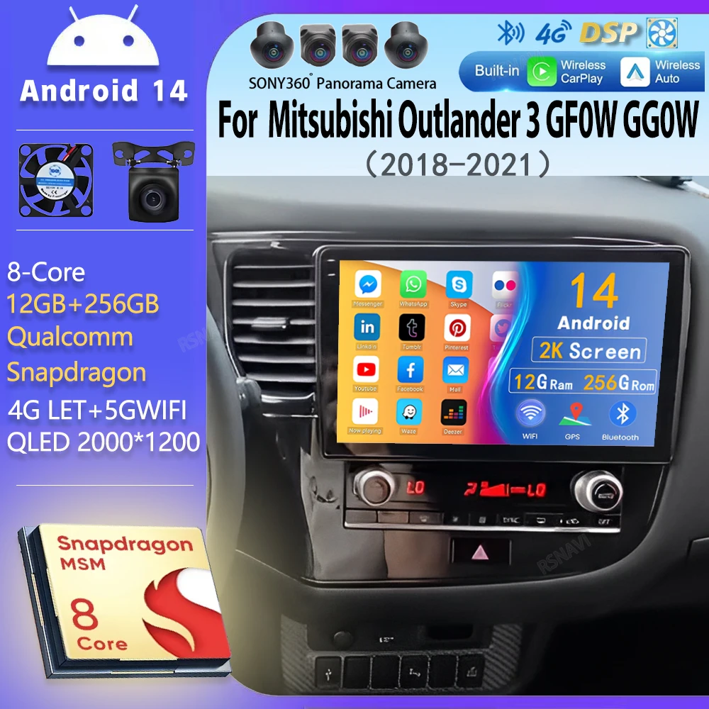 Android 14 CarPlay для Mitsubishi Outlander 3 GF0W GG0W 2018-2021 2K QLED Автомобильный радиоприемник