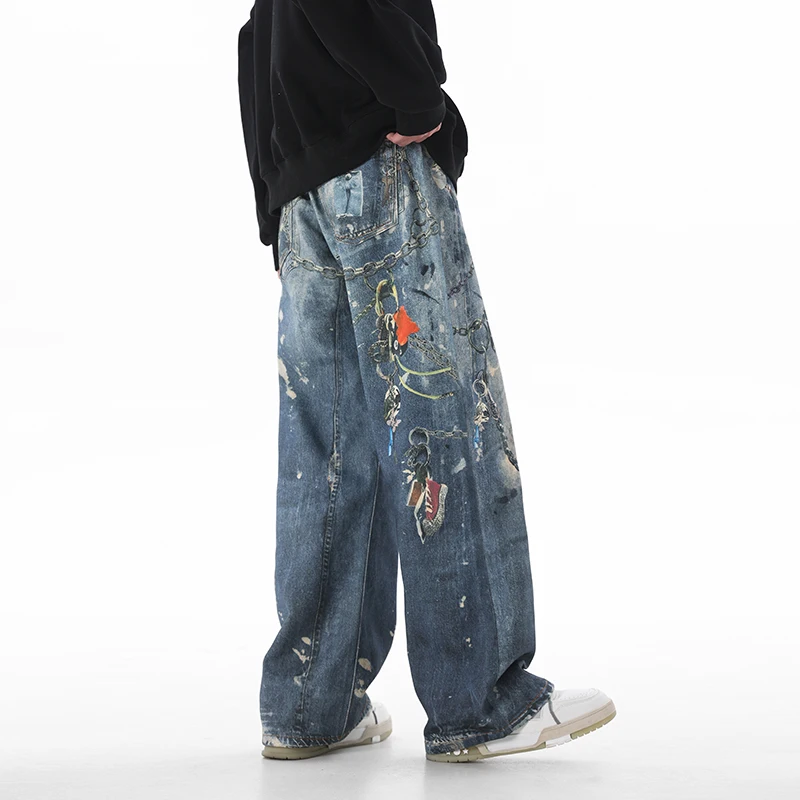 Джинсы мужские с цифровым принтом уличная одежда плотные свободные прямые