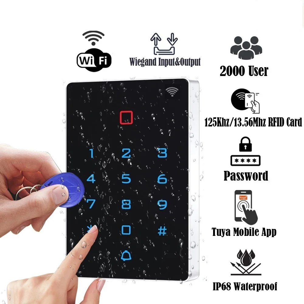 

2022 Водонепроницаемая сенсорная клавиатура управления доступом к RFID-карте с Wi-Fi и управлением через приложение с подсветкой, 125 кГц, с 26 выход...