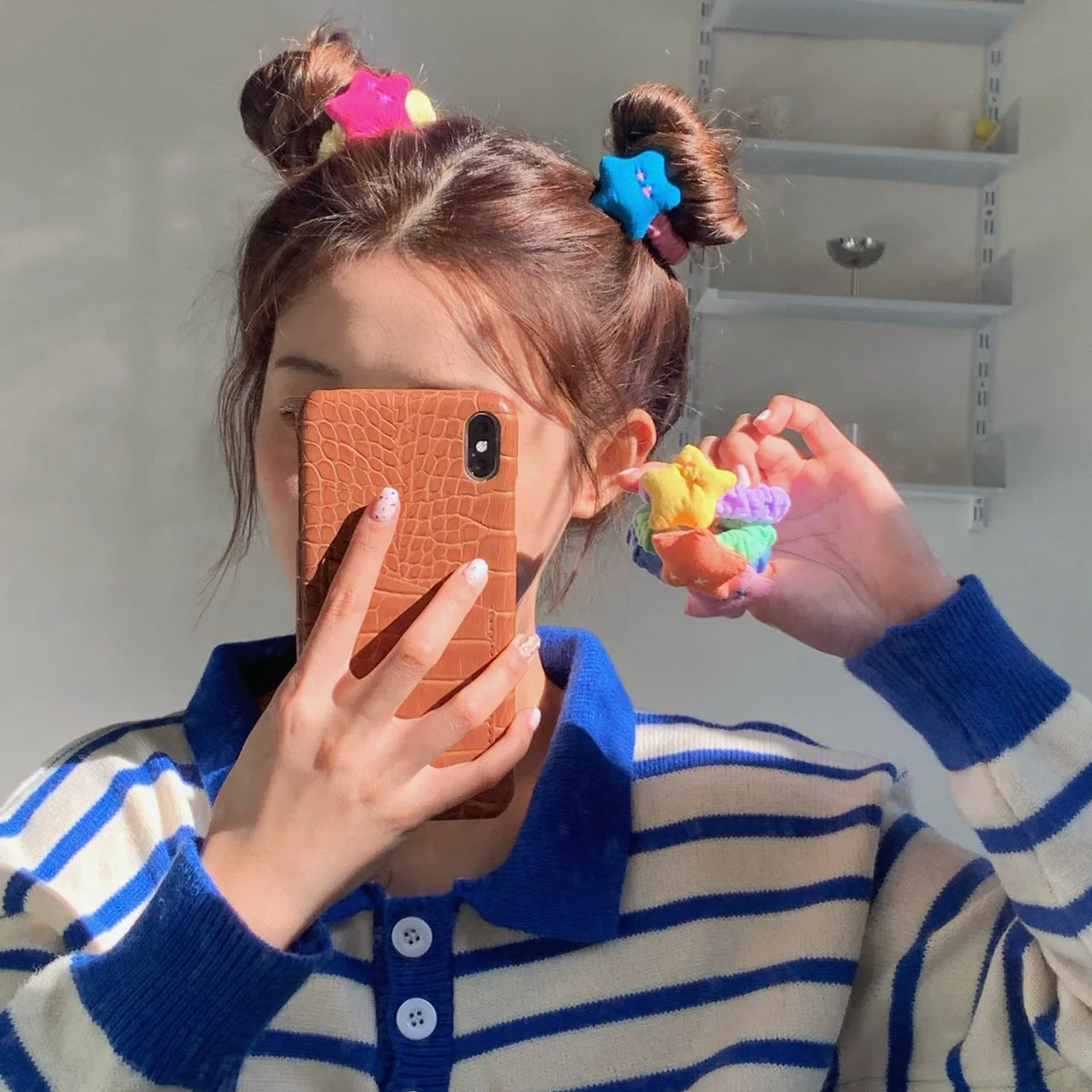 

Cute 3D Star Hair Rope Girl Heart Candy Color Hair Band Head Cord Hair Band Leather Cover Japanese and Korean Hair Jewelry