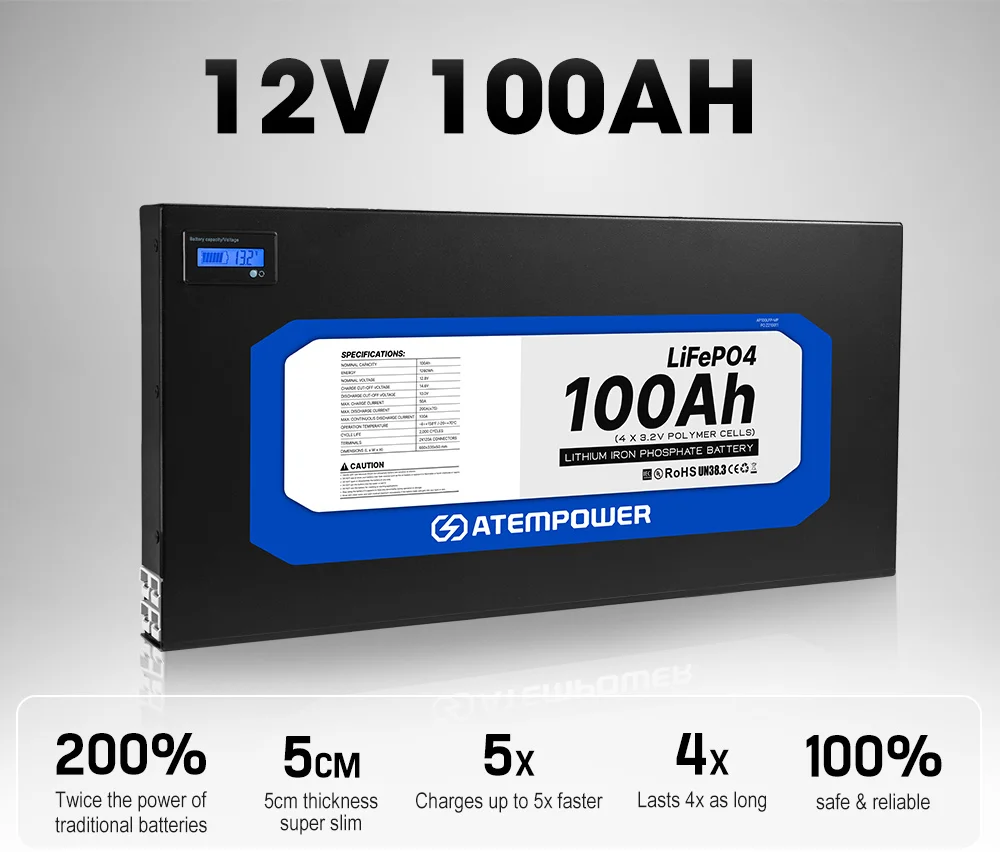ATEM POWER Deep Cycle 12V 100ah Ultra Slim Lithium Battery Slimline BMS Lifepo4 Литий-ионный аккумулятор для