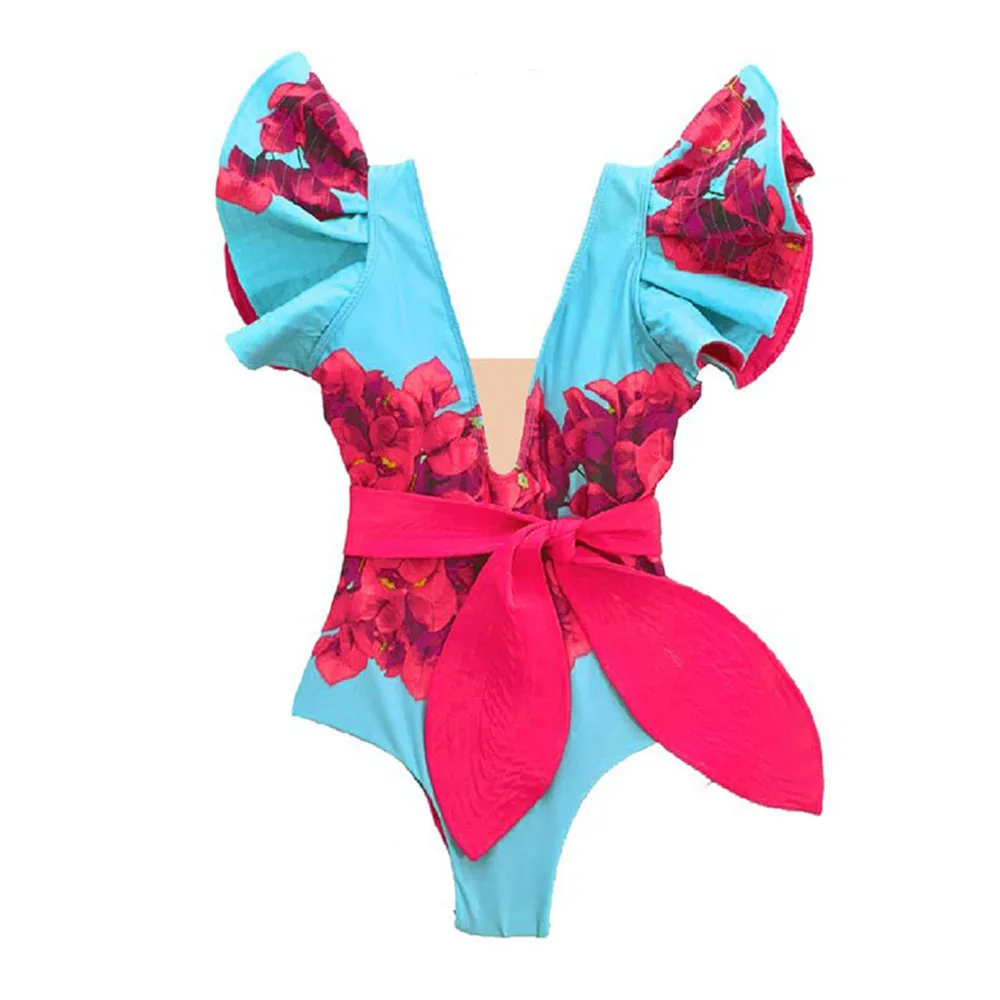 

Fashion Floral Print Ruffle Colorblock Bikinis One-piece Swimsuit Sexy Deep-v Neck Swimwear Vacation Beach Outfits Backless Slim
