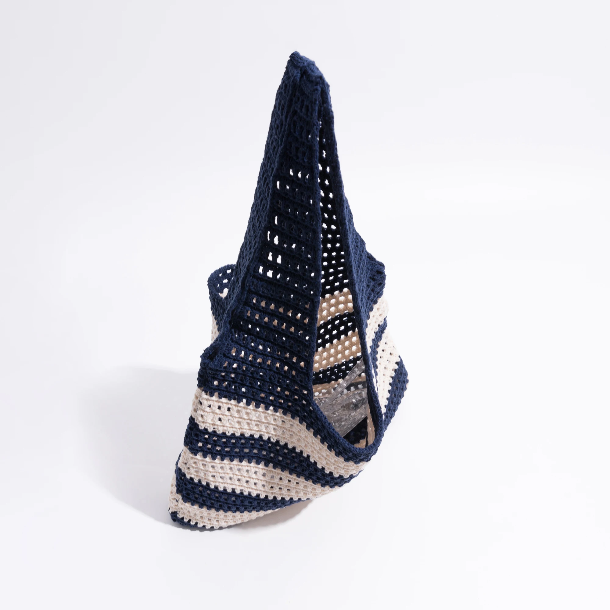 KOKOPEAS Hollow Out Knitting Stripe Shoulder Bag For Women Cotton Soft Beach Handbag Large Capacity Shopping Bag