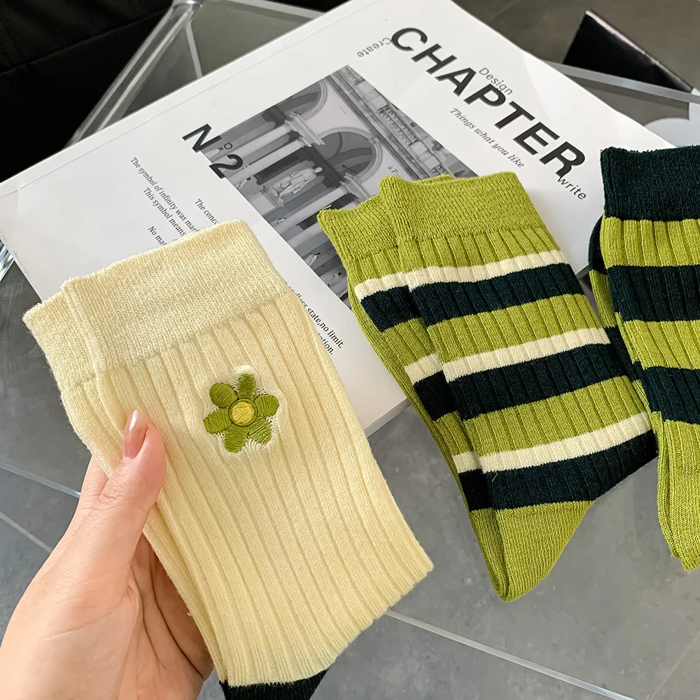6 Pairs Women Sock Cotton for Autumn Thin Fashion Design 2022 New Arrival Hot Sale Green