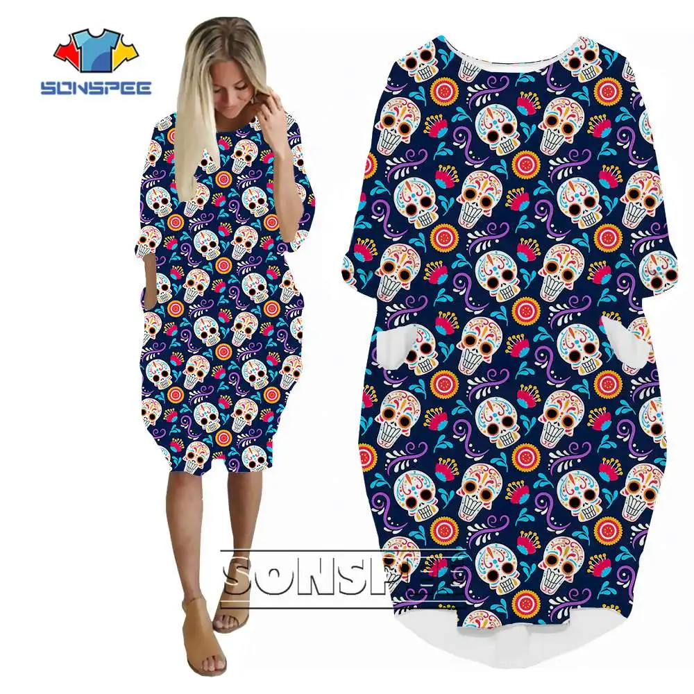 

SONSPEE 2022 trend Long Sleeves Woman's Dress Suit Girl Lady Street Casual Personality Gown Cool Anime Skull Flowers Print Skirt