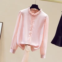 early spring women shirt long puff sleeve top designed solid pink shirt 2022 loose chiffon blouse lady top blusas mujer de moda
