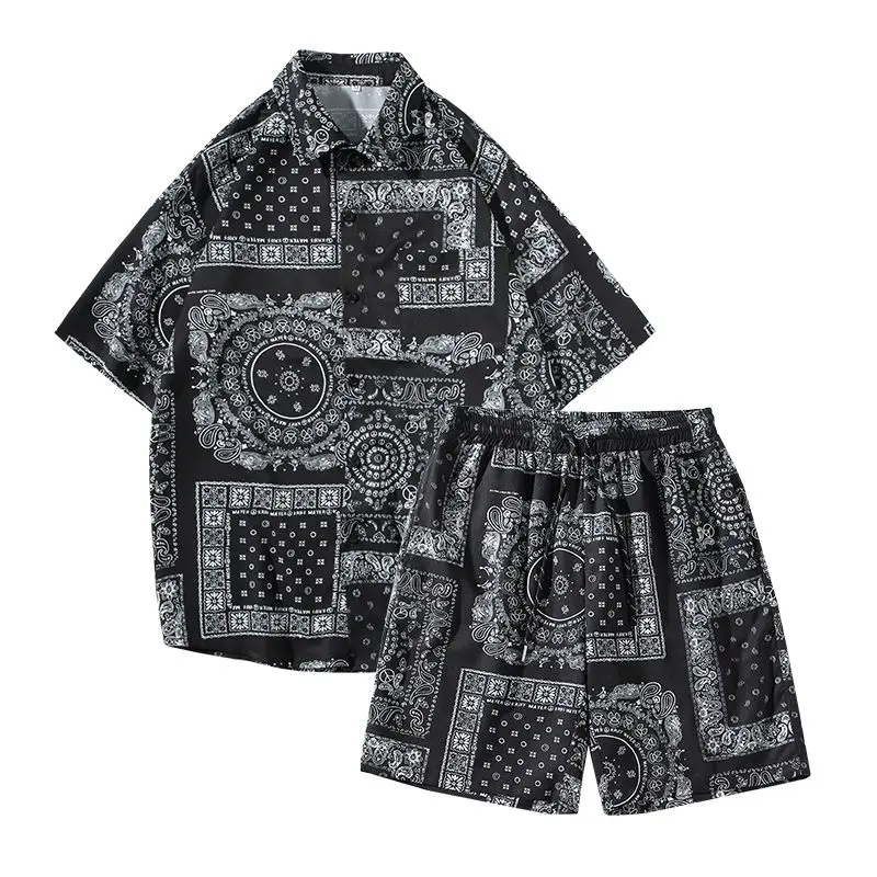Men Beach Clothes  2Piece Set Vintage Print Button Hawaiian Shirt S 2023 Summer Fashion Casual Short Sleeve Outfit Shorts Suit