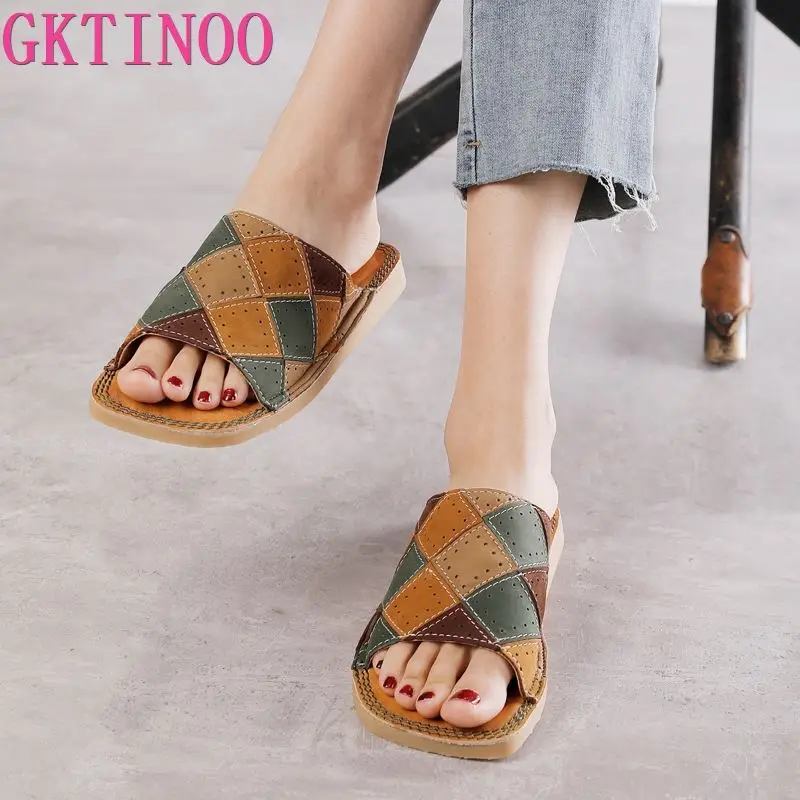 

GKTINOO Women Slippers 2022 New Genuine Leather Slides Women Shoes Sewing Retro Leisure Handmade Wedges Concise Ladies Sandals