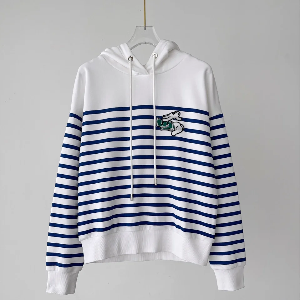 

100% Cotton Women Hoodie 2021 Autumn Embroidery Early Autumn New Striped Long-sleeved Loose Hooded Sweatshirts