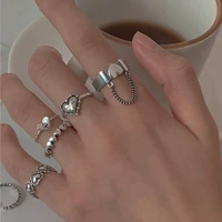kotik fashion vintage heart rings set love chain kpop punk rings for couples lovers men women girls party gift wedding rings
