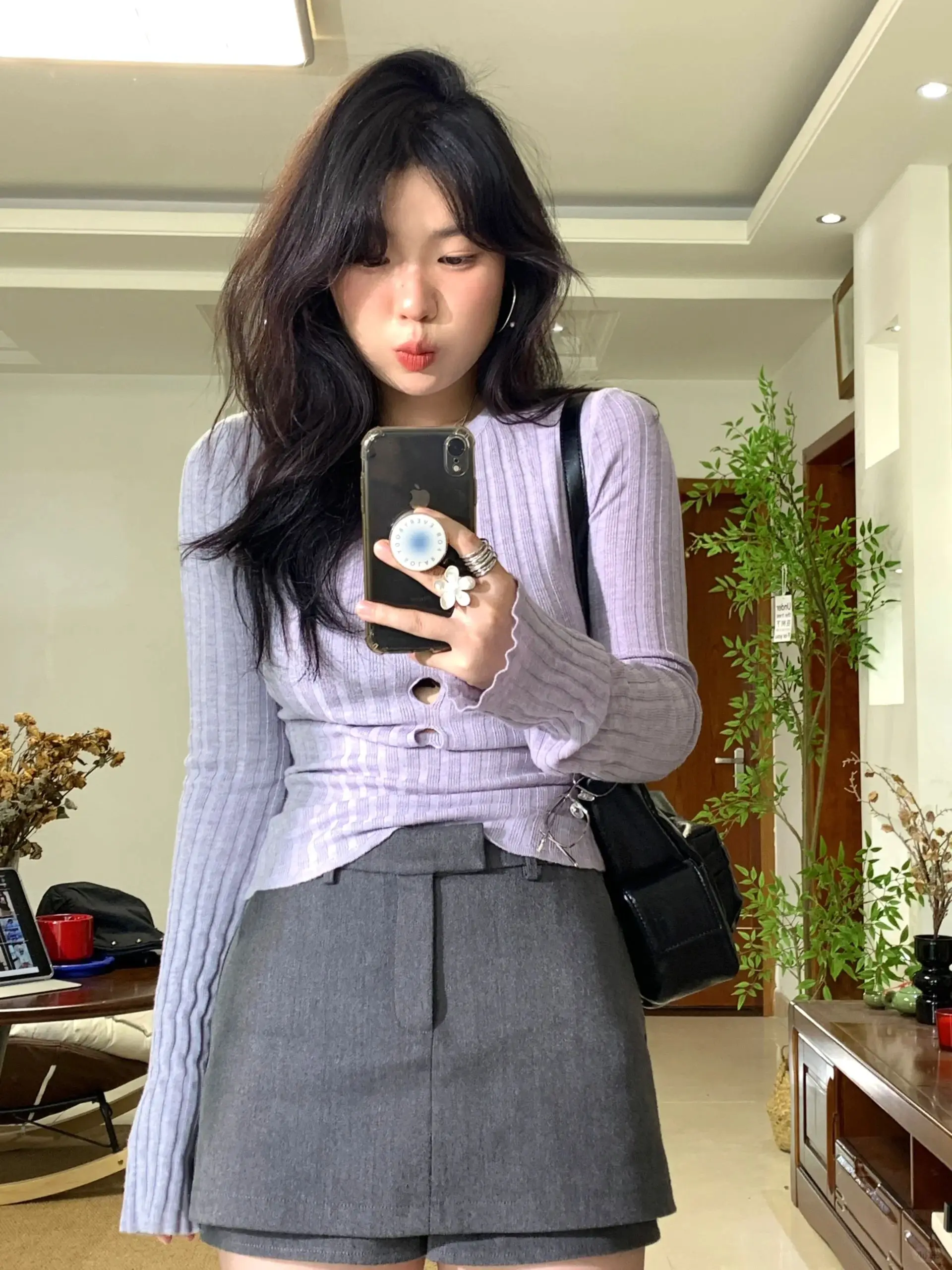 French sle Chic Hollow out Knit Women Early Autumn High Sense Inner wear Base Shirt Sweet Gyaru Slim fit Long sleeve Top