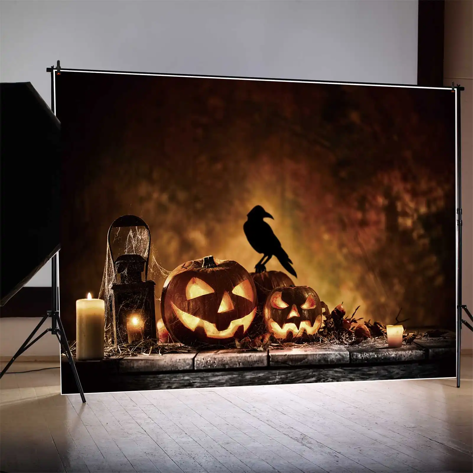 

MOON.QG Backdrop Halloween Flame Fire Jack O Lantern Crow Wooden Plank Background Candle Light Lamp Maple Leaf Decor Photo Booth