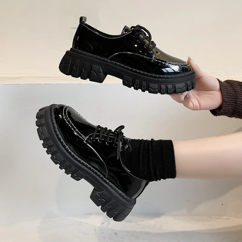

Shoes Women Oxford Flat on Platform Shoes Lace Up Leather Casual Shoes Thick Sole Lolita Shoes Sewing zapatos mujer Black