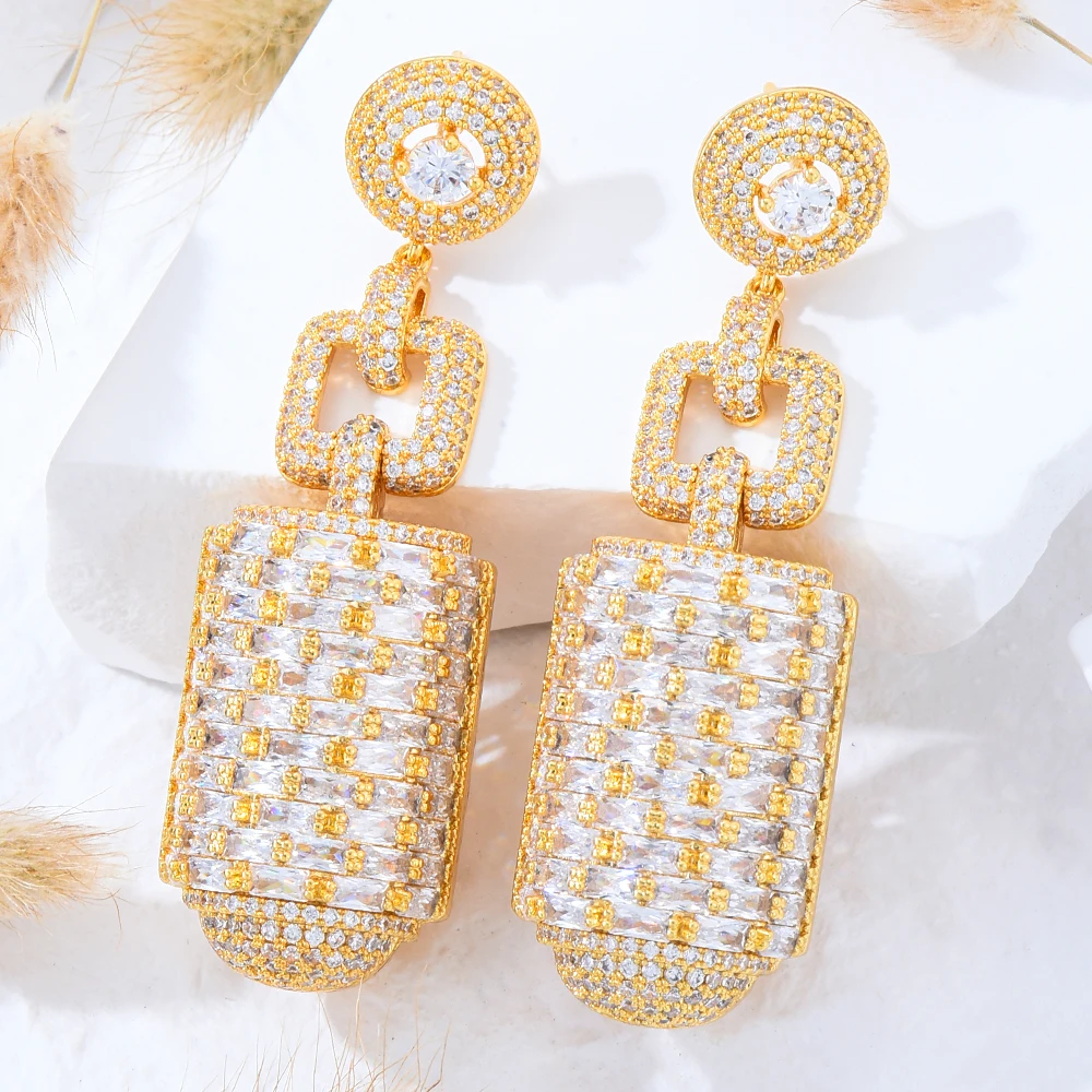 

Kellybola Luxury Rhinestones Gold cylinder Pendant Earring for Women Original Boucle d'oreille Femme 2022 Full Austrian crystal