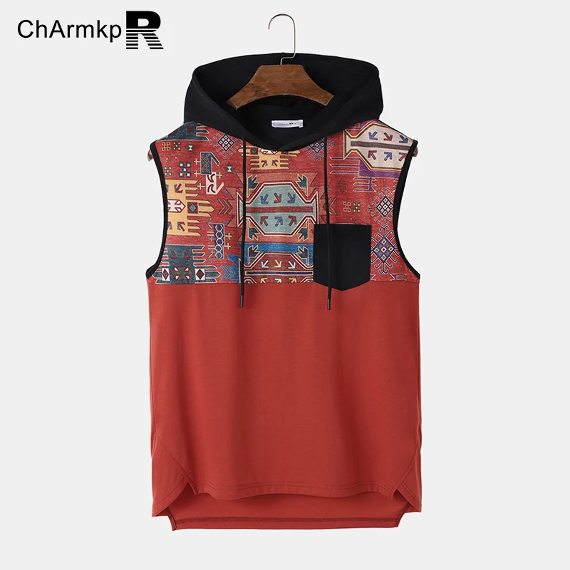 

ChArmkpR 2023 Summer Tops Tee Men Tank Top Casual Sleeveless Chemises Vintage Geometric Print Stitching Hem Hoodes Camisas S-2XL