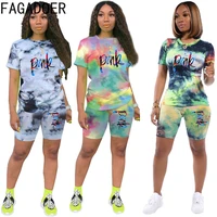 fagadoer tie dye letter print two piece sets women pink print round neck tshirt and shorts tracksuits fashion streetwear outfits