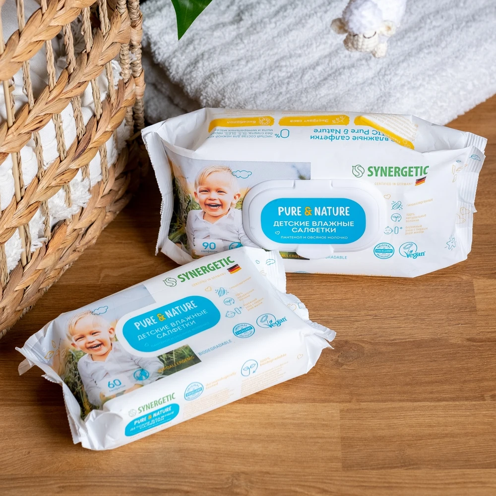 Салфетки влажные для детей SYNERGETIC Pure&ampNature пантенол и овсяное молочко 90 шт. с