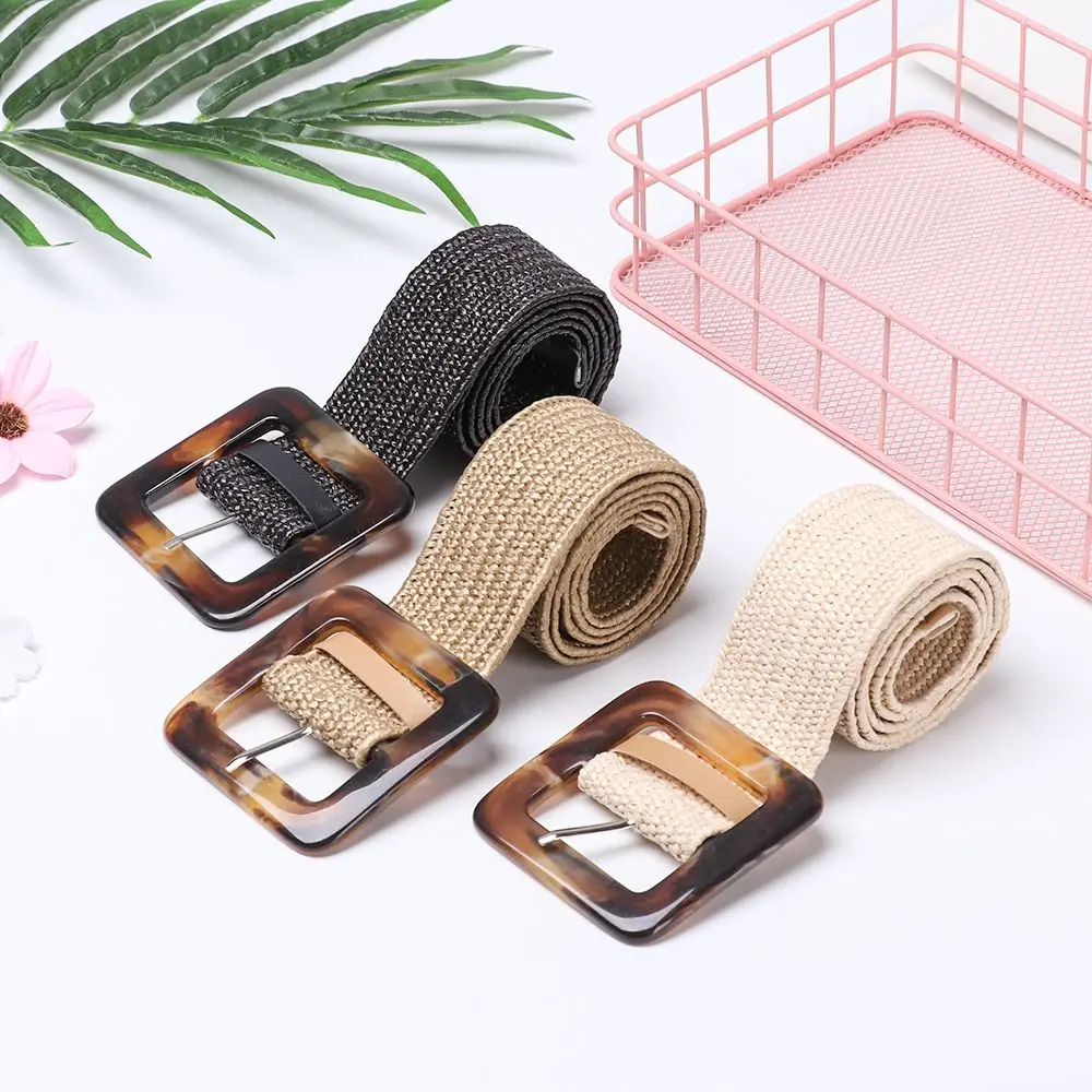 

Women Square Jade Buckle PP Straw Wide Elastic Waist Chain Body Jewelry Belly Necklace Straw Belt