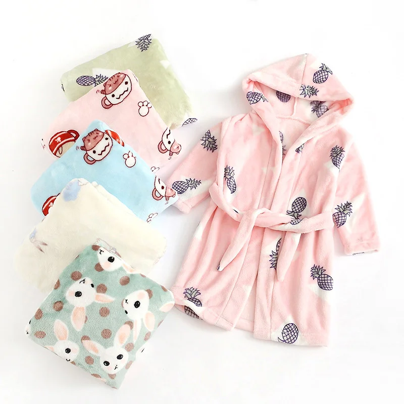 Cartoon Animal Bathrobe For Children Flannel Long Sleeve Hooded Kids Clothes Boys Robe Winter Children's Clothing 2-7 Years