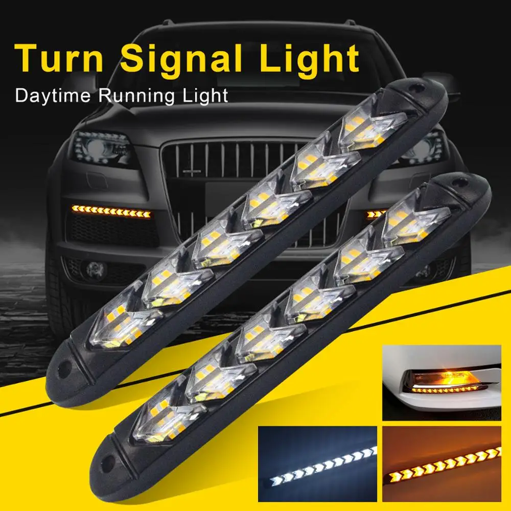 

2pcs 12V White Amber Arrow Car Styling LED Daytime Running Light DRL Dynamic Flowing Sequential Turn Signal Universal Car Lamp