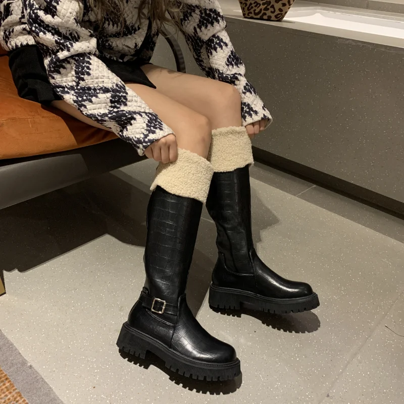 Women's Knee-high Boots Stylish Back Zipper Midheel Platform Shoes 2023 New Winter Cashmere Warm Boots PU Women's High Boots