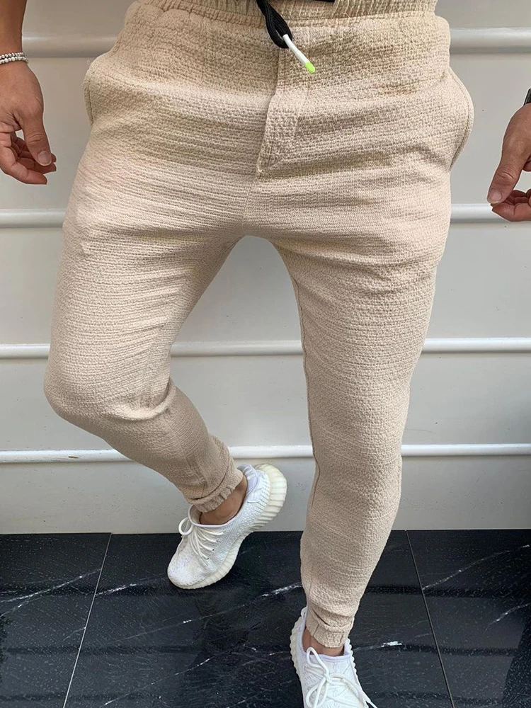 

Fashion Men Slim Trousers Spring Summer Solid Color Mens Tight Pencil Pants Casual Drawstring Tie-up Long Pants Man Streetwear