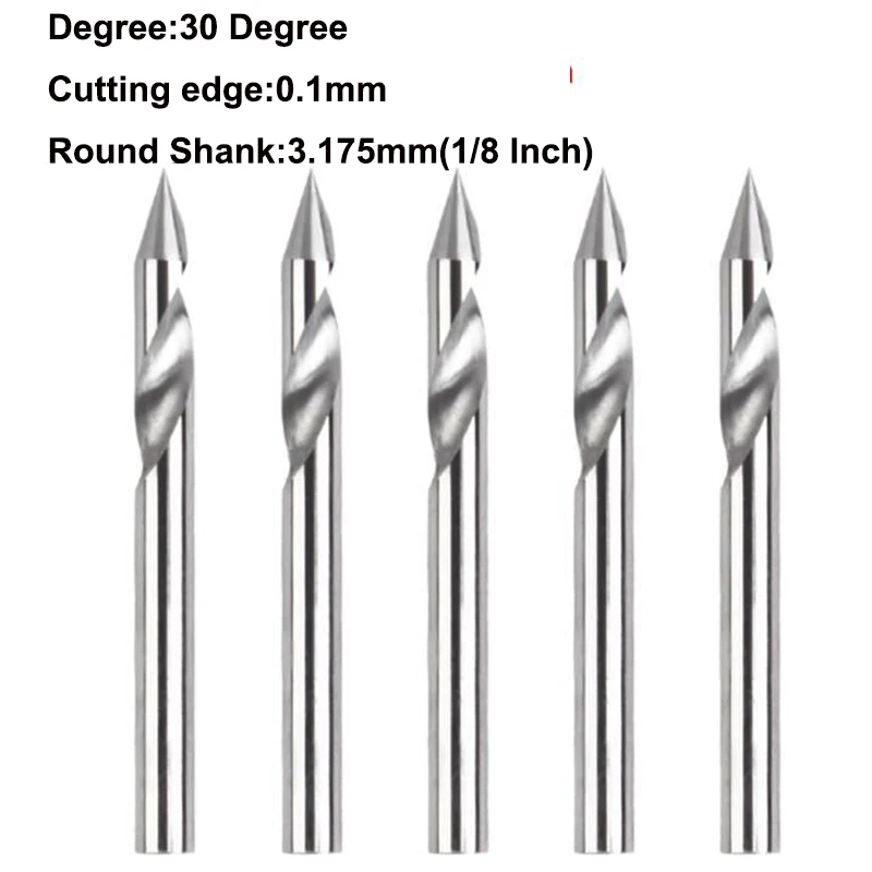 Brocas de enrutador CNC 3D de 5 piezas, 1/8 pulgadas, 30/60 grados, cortador de fresado de carburo de madera, 0,1mm, puntas de ranura en V, herramientas de corte de molino