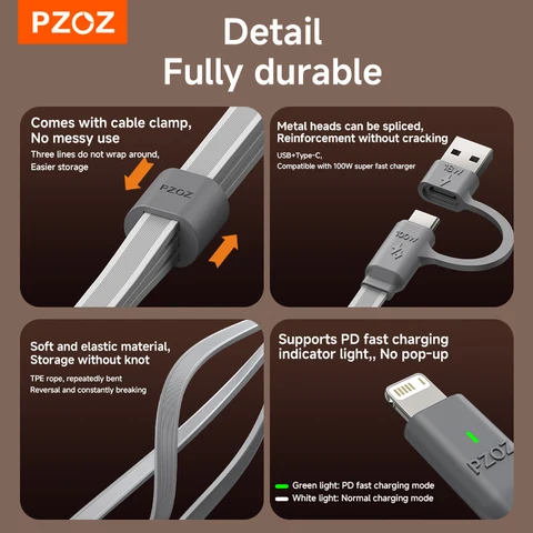 PZOZ 100 Вт USB C и USB A зарядный кабель 3 в 1 Многофункциональный зарядный кабель для нескольких устройств для iPhone iPad Pro MacBook Samsung