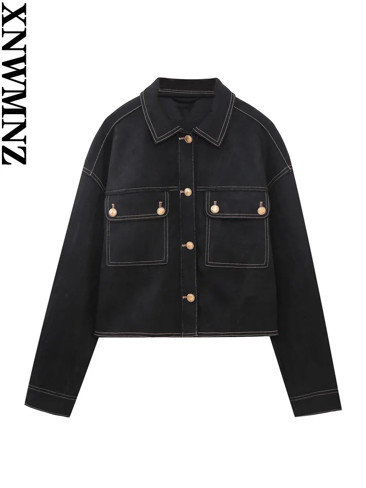 

XNWMNZ 2023 Women fashion contrast faux suede jacket Woman retro collared long-sleeve button top female chic jacket