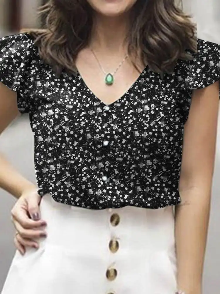 

Модная туника с V-образным вырезом, топы ZANZEA, летняя Цветочная блузка, женская элегантная рубашка с коротким рукавом и оборками, Женская Повседневная офисная блузка