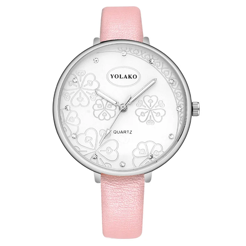 Fashion Round Quartz Three-leaf clover Big Dial Casual Watches Leather Strap Fashionable Clock Waterproof Wristwatch for Women