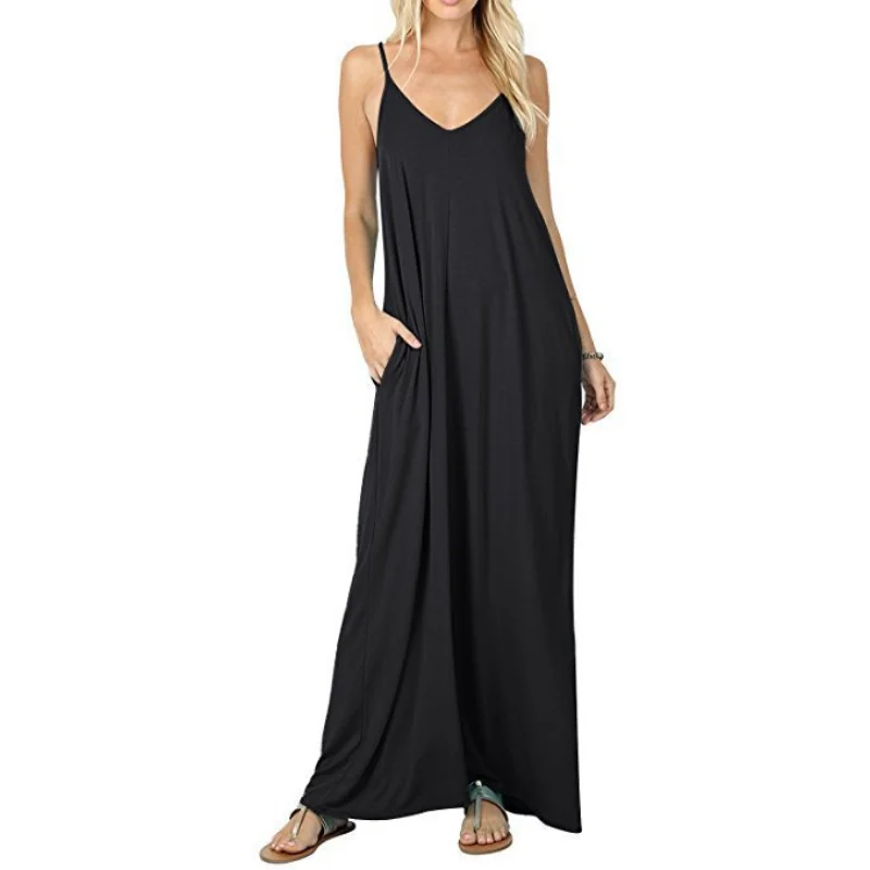 

Y2k Spring Summer New Women's Solid Color Pocket Suspender Vest Loose Long Dress Loose Waist Casual Dress Commuting Wind