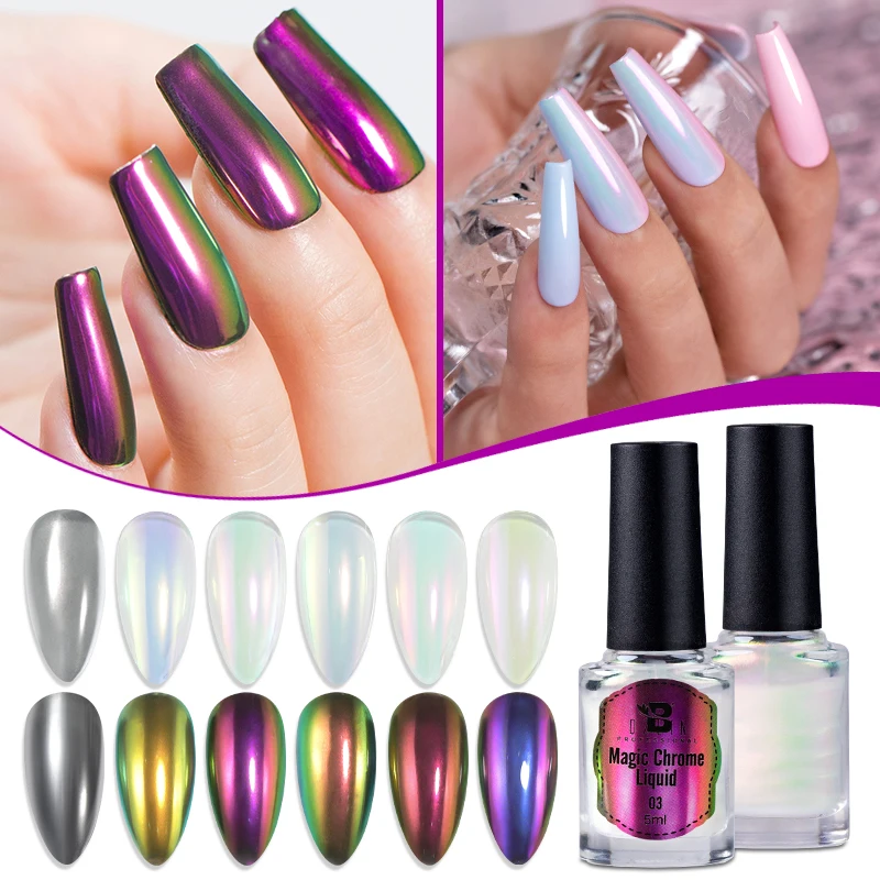 5ML Liquid Chrome Powder Nail Polish Aurora  Metallic Mirror Effect No Dust Soak Off  Semi Permanent Nail Art UV Gel Varnish