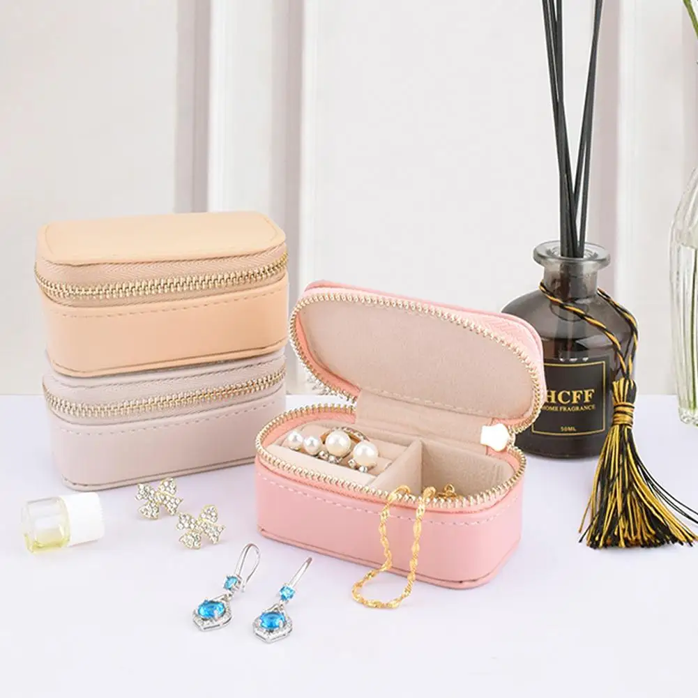 

1PCS Portable Jewelry Box Jewelry Organizer Display Jewelers Storage Zipper Case Jewelry Travel Boxes Leather Button X5G3
