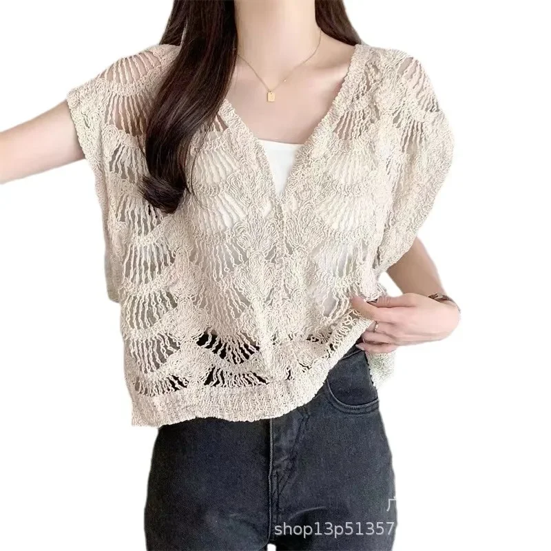 Винтажная вязаная накидка с V-образным вырезом и коротким рукавом Женский