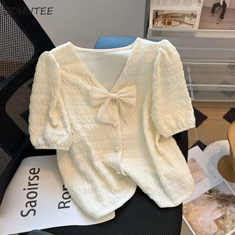 

Shirts Women Kawaii Girlish Pearls Summer Graceful V-neck Korean Style Harajuku Vintage Literary New Casual Loose All-match Chic