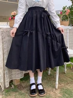 houzhou black skirt women 2022 summer kawaii bow preppy style mid calf skirts white solid elegant vintage female outfits